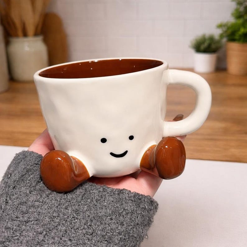 Cute Face Mug, Smiley Coffee Cup, Kawaii Mug With Feet, Funny Ceramic Mug, Gift for Her, Aesthetic Kitchen Decor, Valentine's Day Gift 07