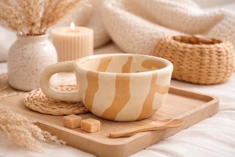 Brown Checkerboard Ceramic Mug, Retro Checkered Pattern Coffee Cup, Aesthetic Pottery Tea Mug, Cute Coquette Pottery, Birthday Gift 26