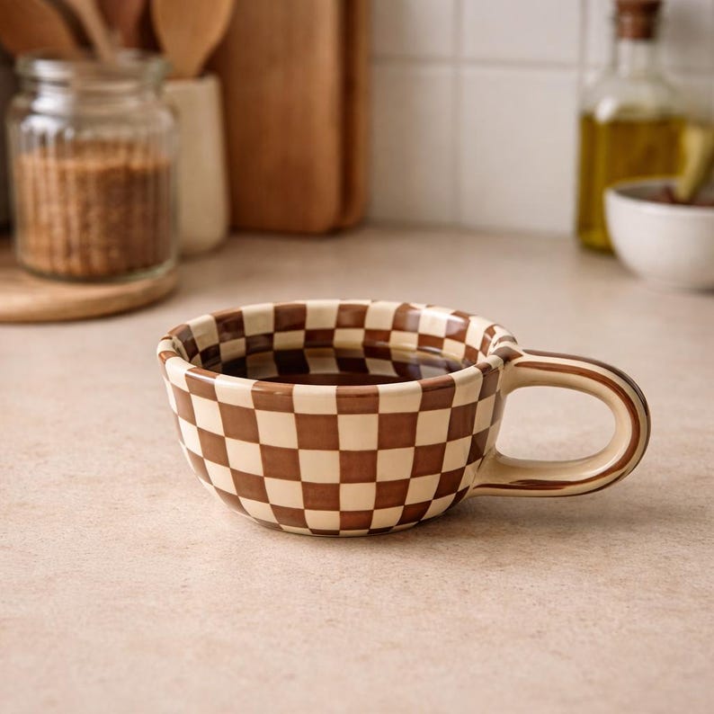 Brown Checkerboard Ceramic Mug, Retro Checkered Pattern Coffee Cup, Aesthetic Pottery Tea Mug, Cute Coquette Pottery, Birthday Gift 26