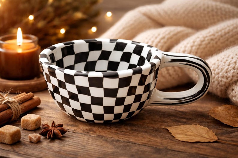Brown Checkerboard Ceramic Mug, Retro Checkered Pattern Coffee Cup, Aesthetic Pottery Tea Mug, Cute Coquette Pottery, Birthday Gift 26