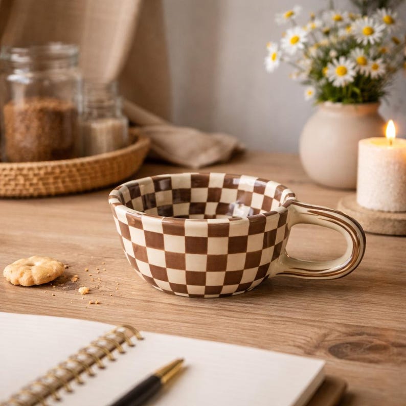 Brown Checkerboard Ceramic Mug, Retro Checkered Pattern Coffee Cup, Aesthetic Pottery Tea Mug, Cute Coquette Pottery, Birthday Gift 26