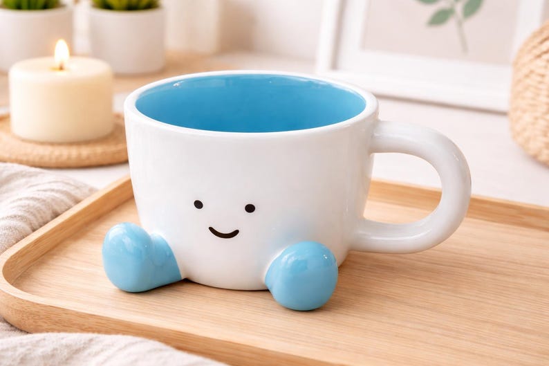 Cute Face Mug, Smiley Coffee Cup, Kawaii Mug With Feet, Funny Ceramic Mug, Gift for Her, Aesthetic Kitchen Decor, Valentine's Day Gift 07