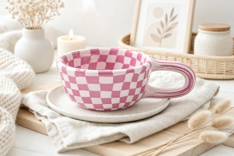 Brown Checkerboard Ceramic Mug, Retro Checkered Pattern Coffee Cup, Aesthetic Pottery Tea Mug, Cute Coquette Pottery, Birthday Gift 26