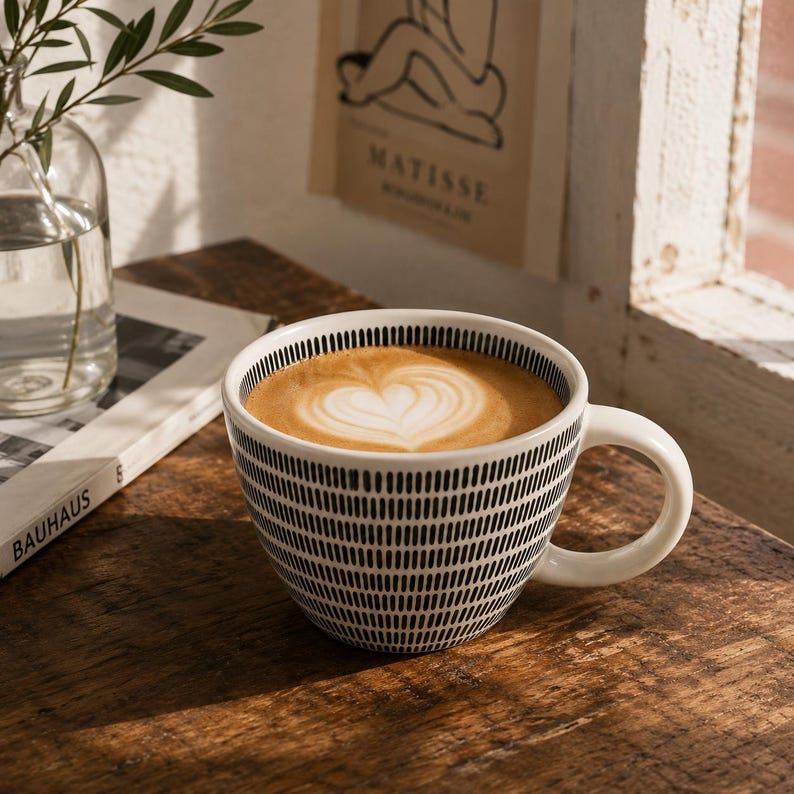 Black Dotted Ceramic Mug, Minimalist Patterned Coffee Cup, Large Aesthetic Tea Mug, Cute Textured Soup Bowl Mug, Modern Kitchenware Gift