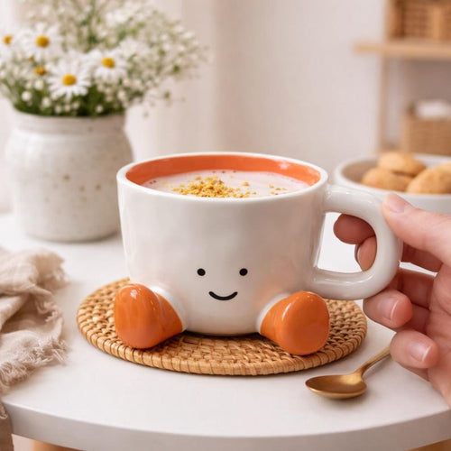 Cute Face Mug, Smiley Coffee Cup, Kawaii Mug With Feet, Funny Ceramic Mug, Gift for Her, Aesthetic Kitchen Decor, Valentine's Day Gift 07