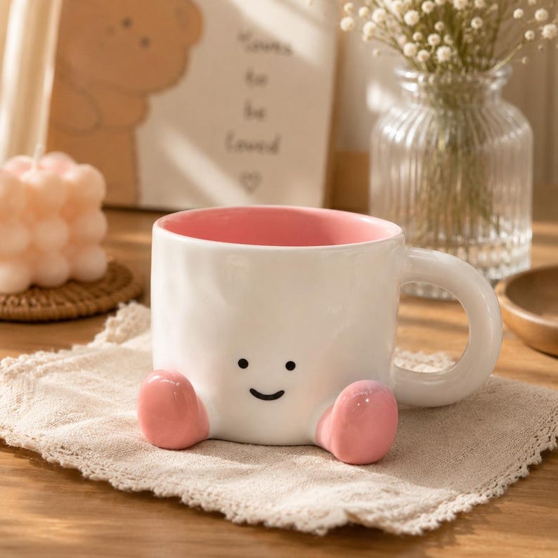 Cute Face Mug, Smiley Coffee Cup, Kawaii Mug With Feet, Funny Ceramic Mug, Gift for Her, Aesthetic Kitchen Decor, Valentine's Day Gift 07