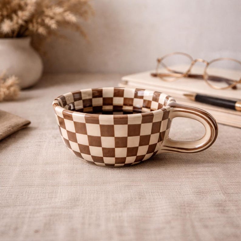 Brown Checkerboard Ceramic Mug, Retro Checkered Pattern Coffee Cup, Aesthetic Pottery Tea Mug, Cute Coquette Pottery, Birthday Gift 26