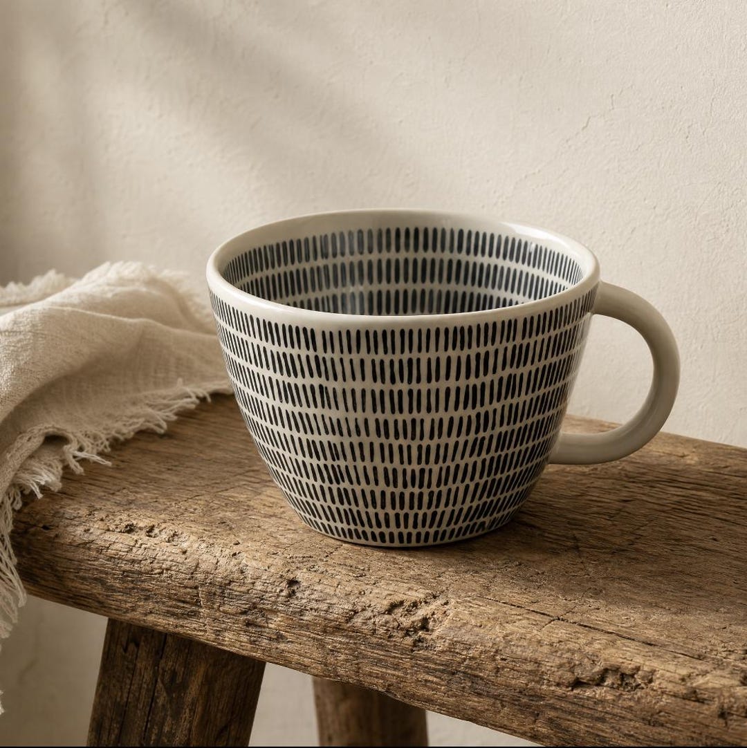 Black Dotted Ceramic Mug, Minimalist Patterned Coffee Cup, Large Aesthetic Tea Mug, Cute Textured Soup Bowl Mug, Modern Kitchenware Gift