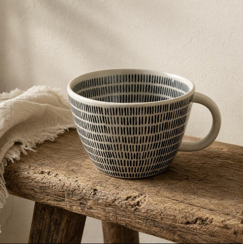 Black Dotted Ceramic Mug, Minimalist Patterned Coffee Cup, Large Aesthetic Tea Mug, Cute Textured Soup Bowl Mug, Modern Kitchenware Gift
