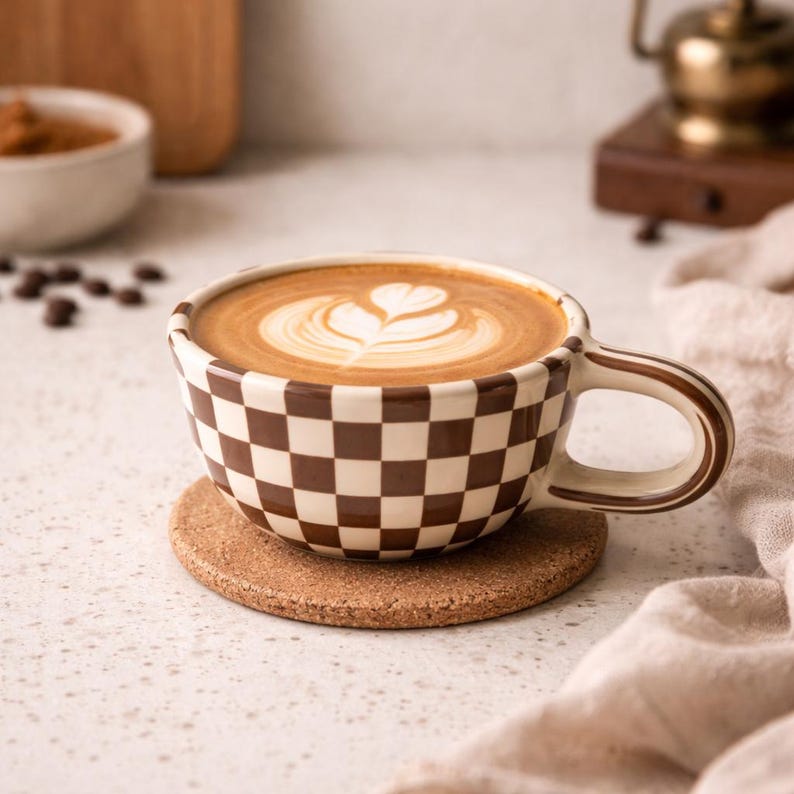 Brown Checkerboard Ceramic Mug, Retro Checkered Pattern Coffee Cup, Aesthetic Pottery Tea Mug, Cute Coquette Pottery, Birthday Gift 26