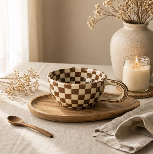 Brown Checkerboard Ceramic Mug, Retro Checkered Pattern Coffee Cup, Aesthetic Pottery Tea Mug, Cute Coquette Pottery, Birthday Gift 26